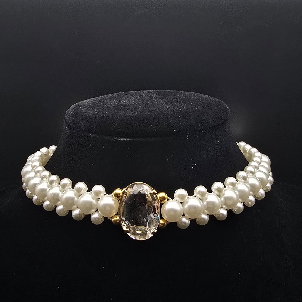 Faux Pearl Choker Necklace Clear Acrylic Rhinestone Vintage 1980s Jewelry